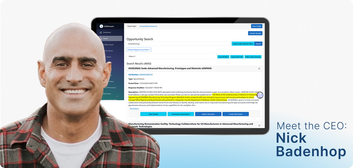 SAMstream CEO Nick Badenhop beside the federal opportunity search dashboard — demo video
